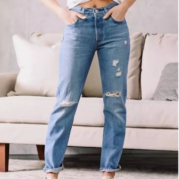 Levi's Authentic 501 Skinny Button Fly Jeans 29×30 Medium Indigo Ultra Destroyed - Picture 1 of 15